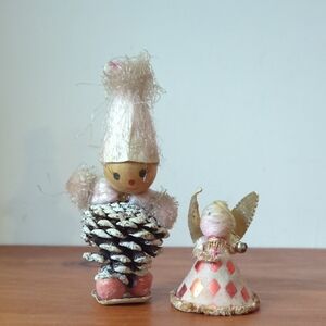 Vintage Christmas Japan Ornaments Pine Tree Figure And Paper Angel Putz
